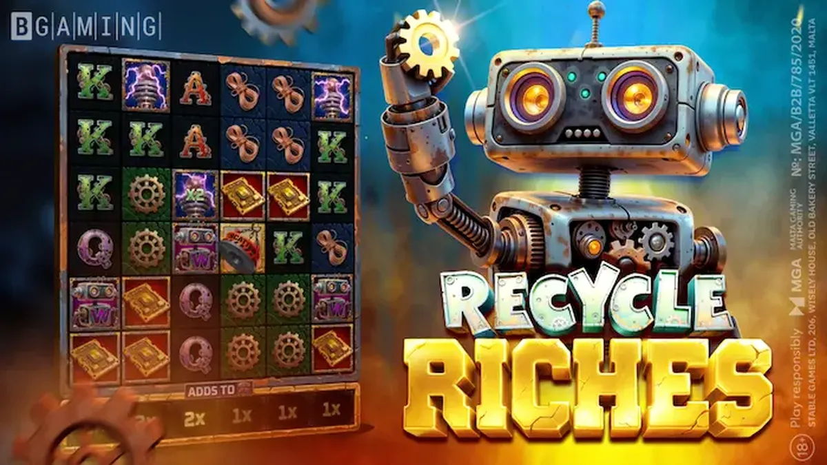 Hình ảnh chú robot nhỏ trong trò chơi slot Recycle Riches tại một bãi phế liệu tương lai